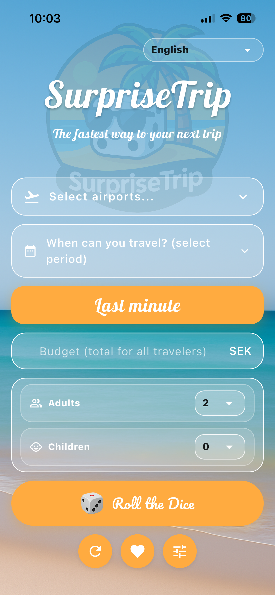 SurpriseTrip search screen